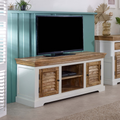 Mango wood TV cabinet with sliding doors, open media shelf, and cable holes.