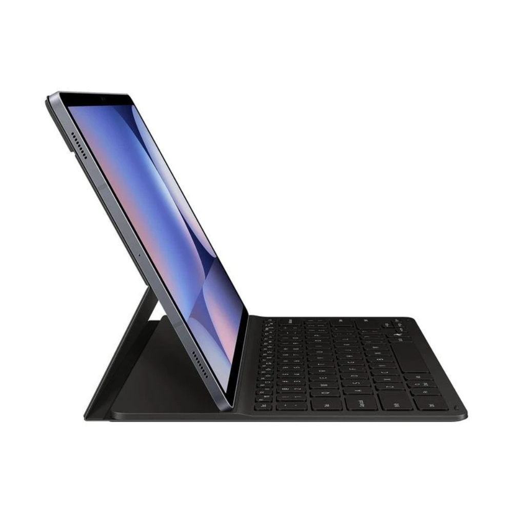 Black keyboard folio cover with angled stand, tablet side view and full keyboard visible
