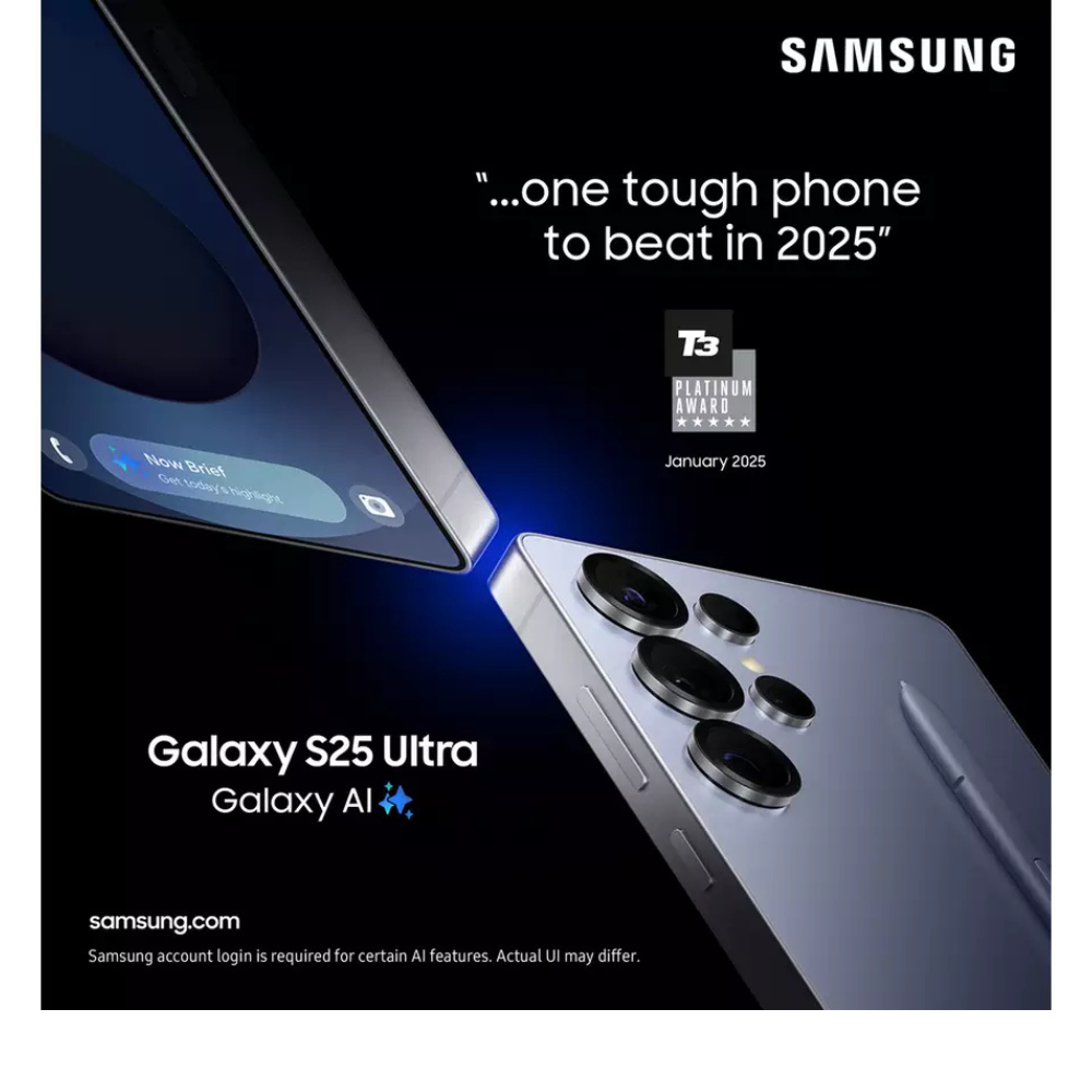 Jet black Samsung Galaxy S25 Ultra 5G smartphone showing rear cameras and front display
