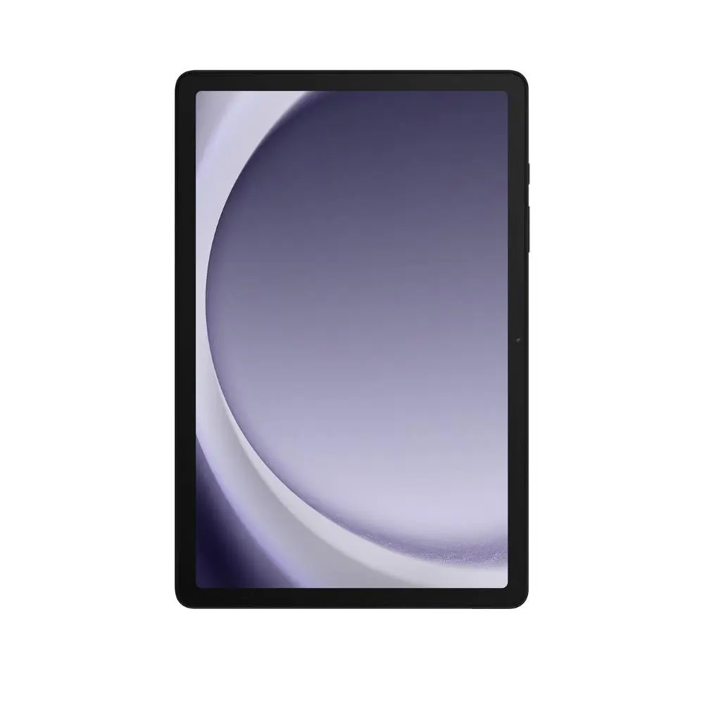 Grey tablet front view with colorful circular wallpaper on screen