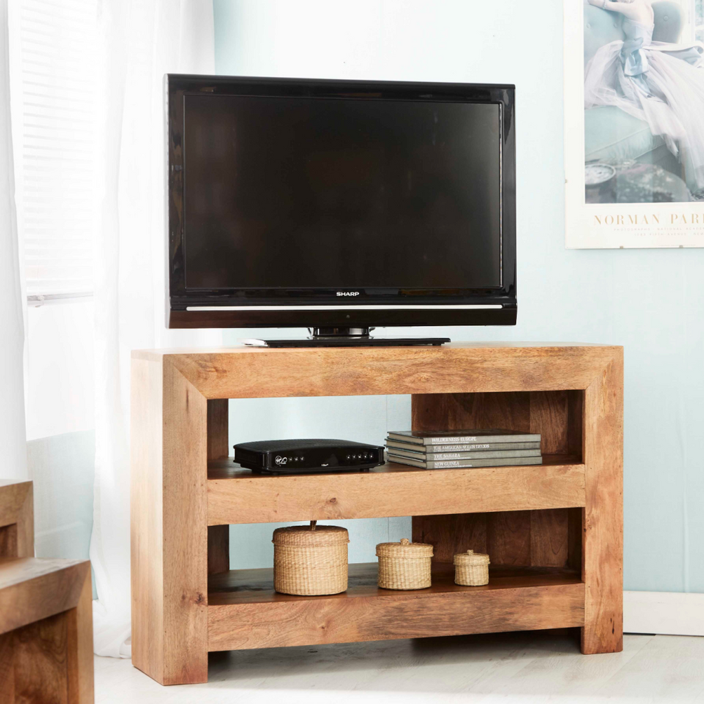Mango wood TV corner unit with two open shelves for media storage
