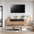Light wood TV cabinet with cane-style rattan doors and drawers, curved top and legs