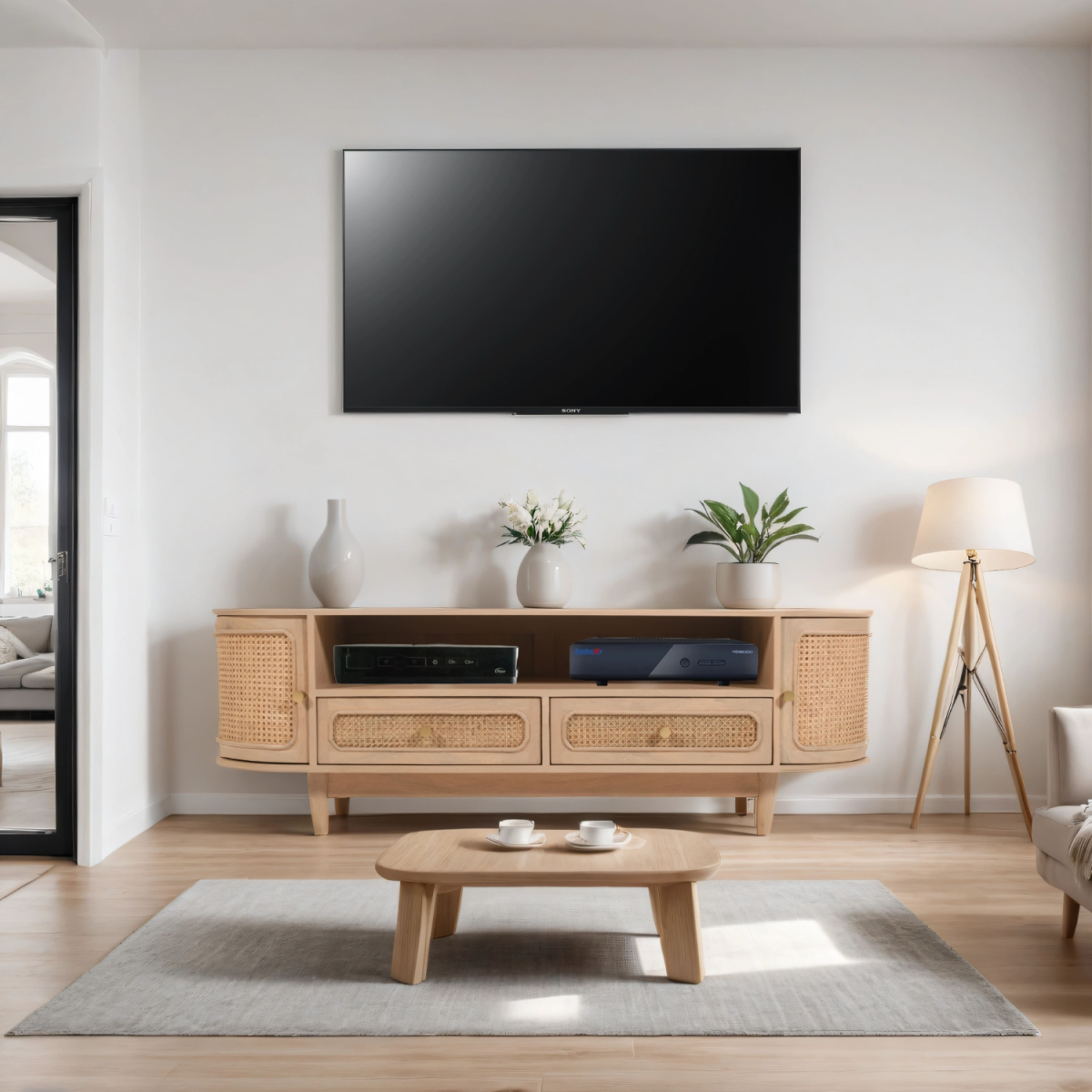 Light wood TV cabinet with cane-style rattan doors and drawers, curved top and legs