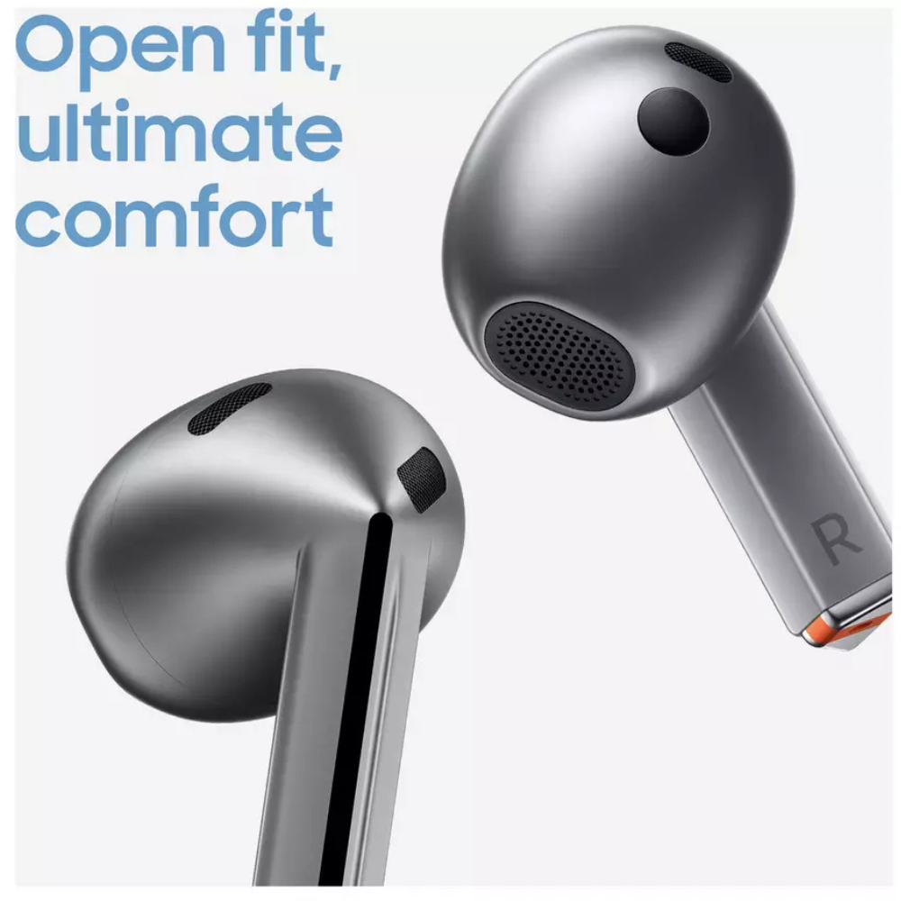 Silver wireless earbuds with ear tips and speaker grills, angled view