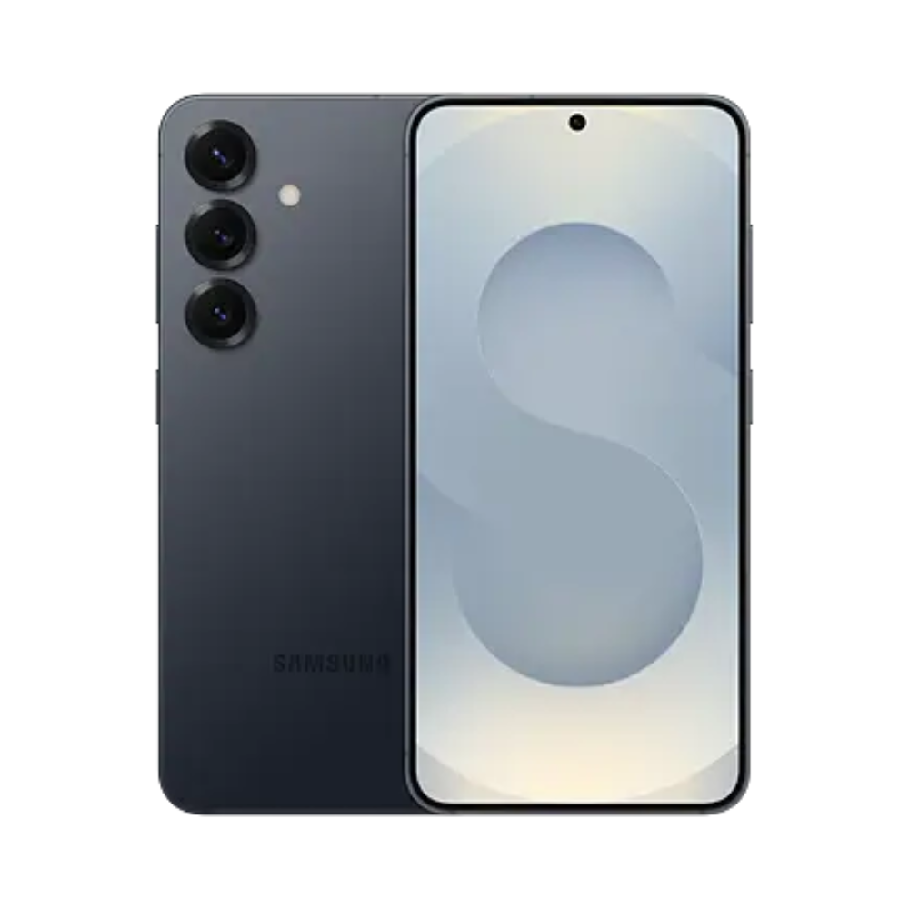Samsung Galaxy S25 5G smartphone in Blue Black, front and back view with triple rear cameras