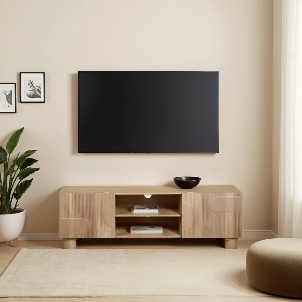 Light wood TV stand with central open shelves and two side cabinet doors, tapered legs