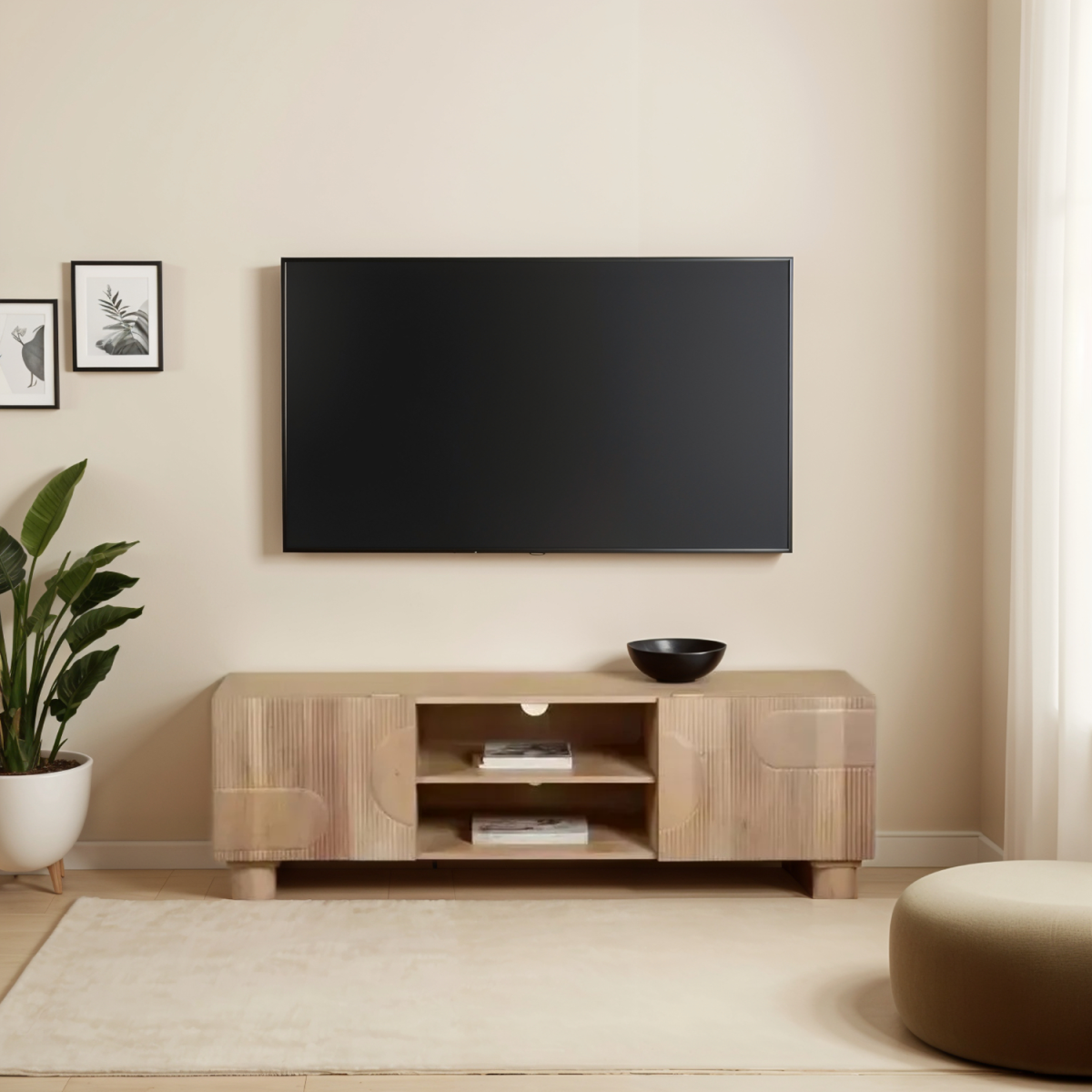 Light wood TV stand with central open shelves and two side cabinet doors, tapered legs