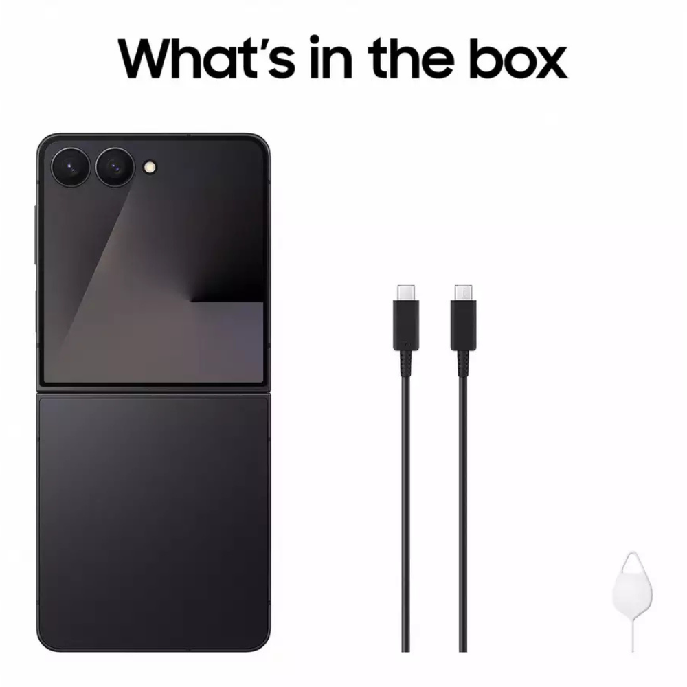 Jet Black foldable smartphone with two USB cables and charging adapter plugs
