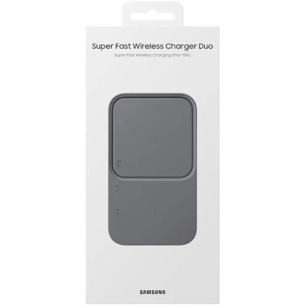 Retail box showing Samsung dual wireless charging pad with dark charging surface
