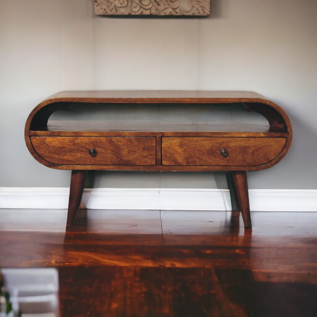 Chestnut round TV stand with two drawers, curved base, and open center shelf
