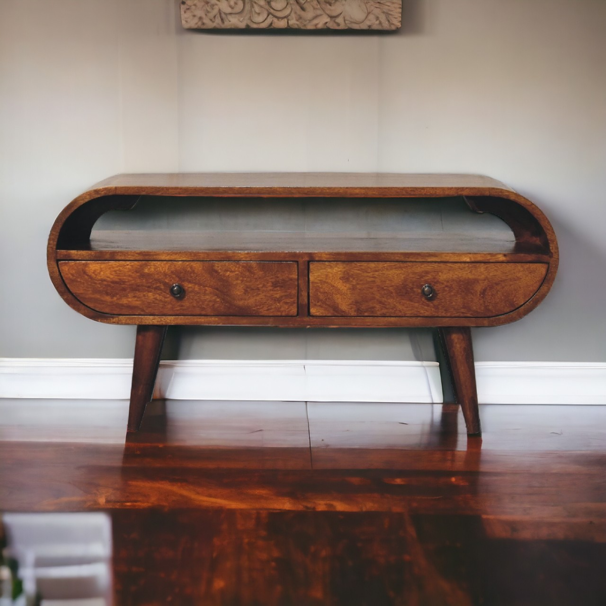 Chestnut round TV stand with two drawers, curved base, and open center shelf