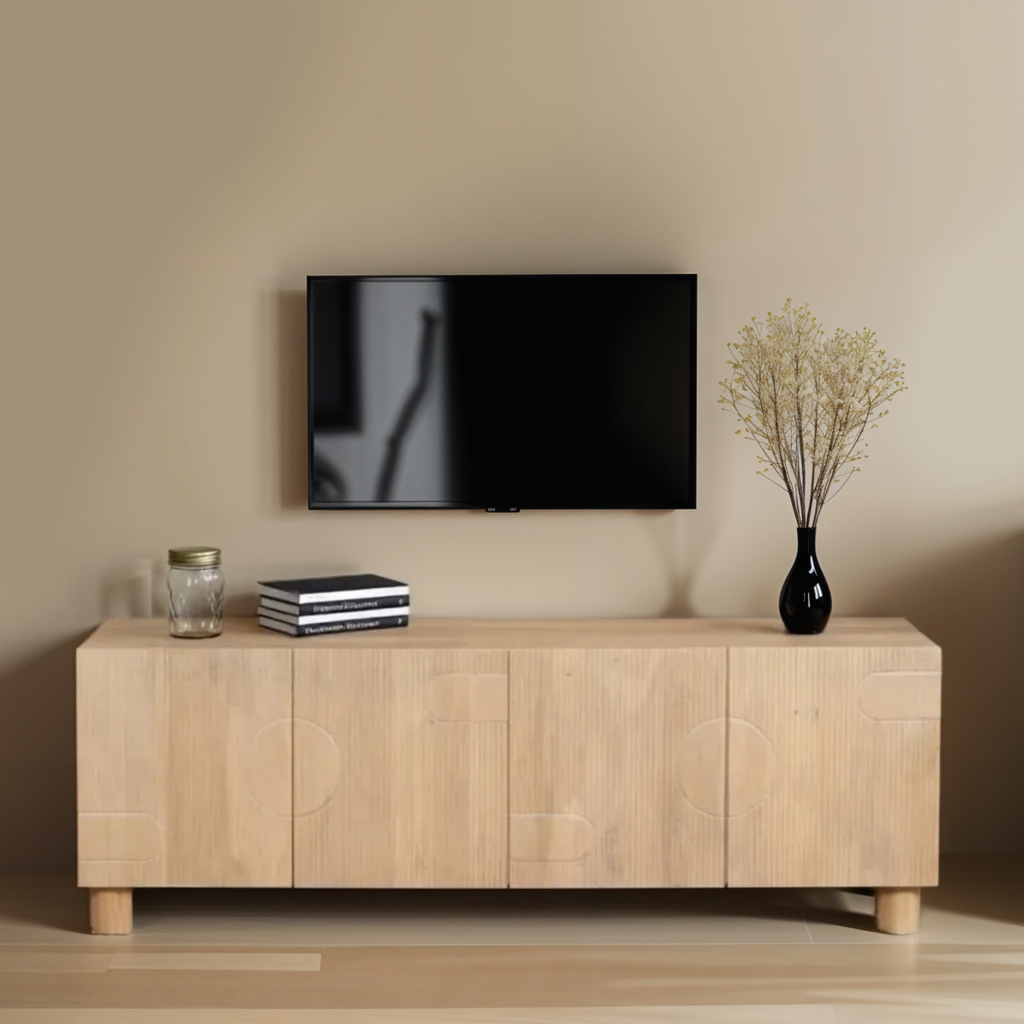 Light wood TV media cabinet with four front doors and rounded short legs