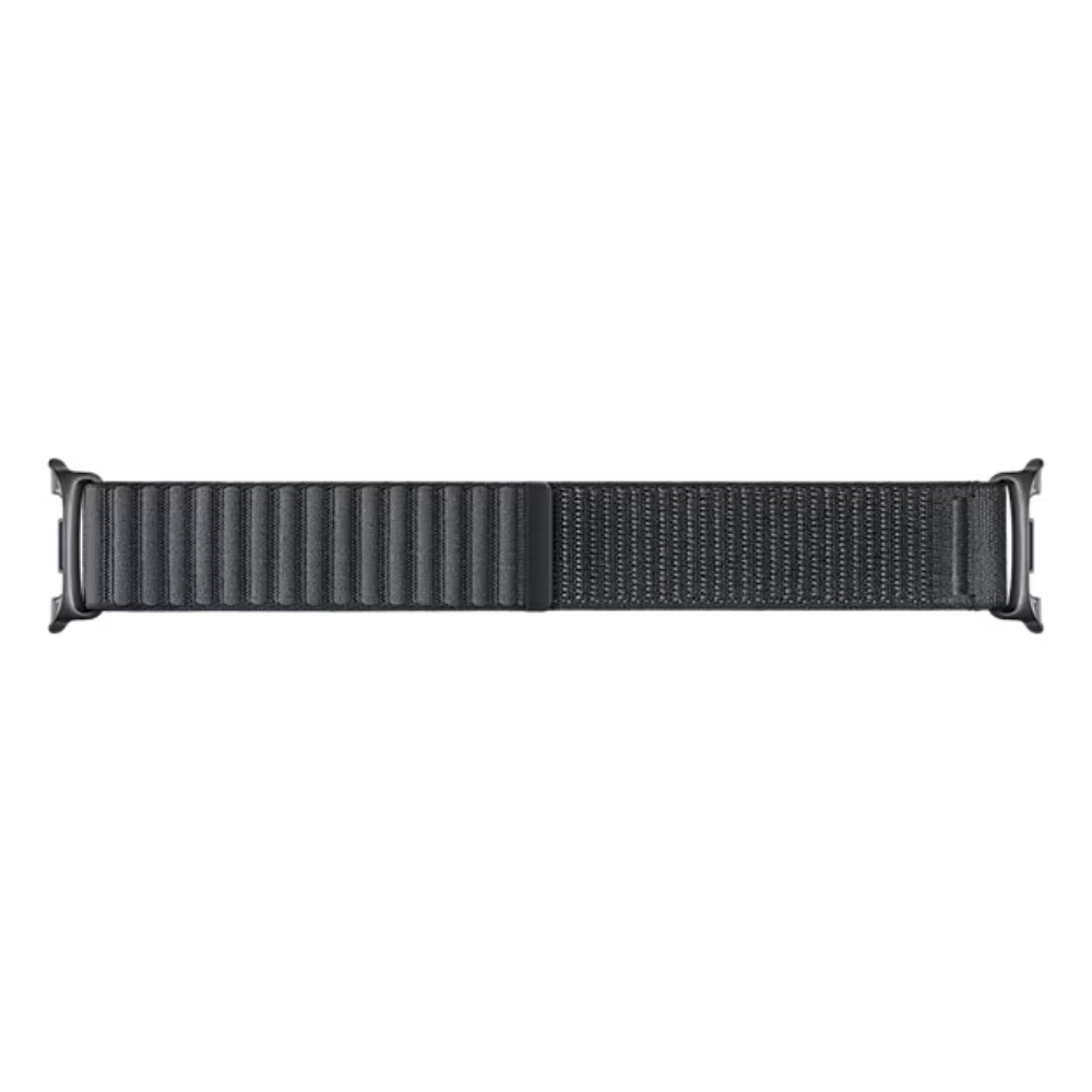 Graphite woven fabric watch band with adjustable buckle end and keeper