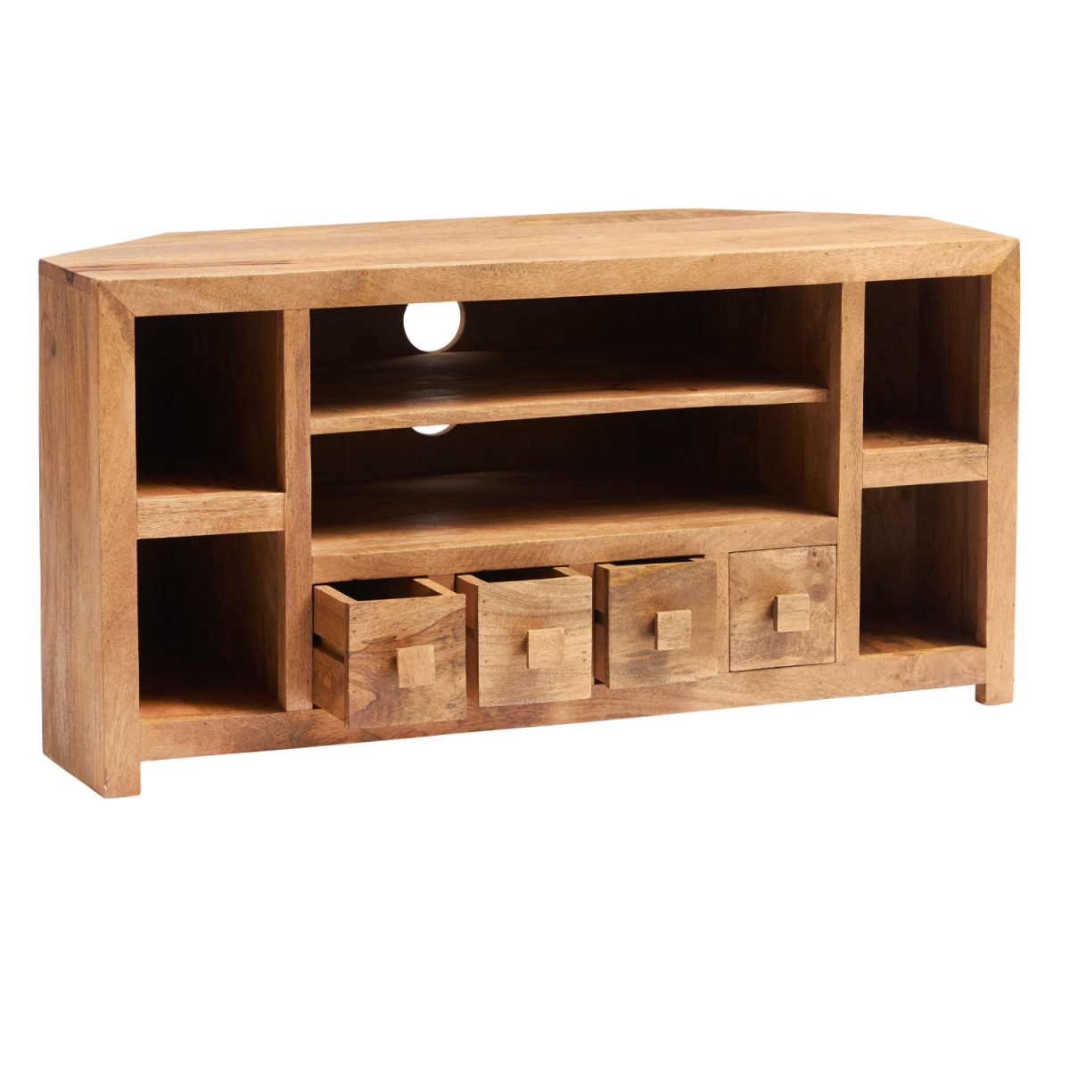 Light mango wood TV corner unit with open shelves and drawer fronts, angled view