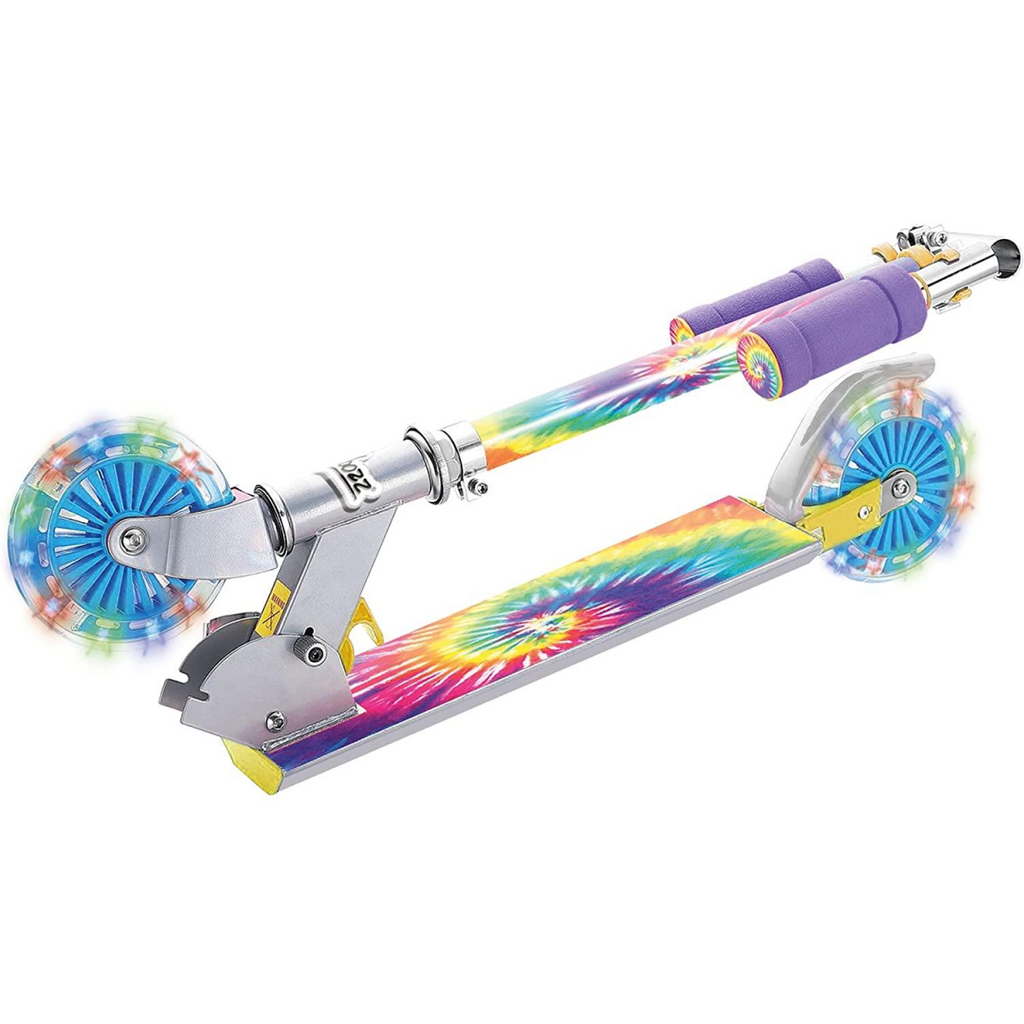 Angled rainbow tie-dye scooter with purple handlebar grips and blue wheel lights
