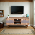 Acacia wood TV unit with gray ribbed doors, open media shelf, four tapered legs