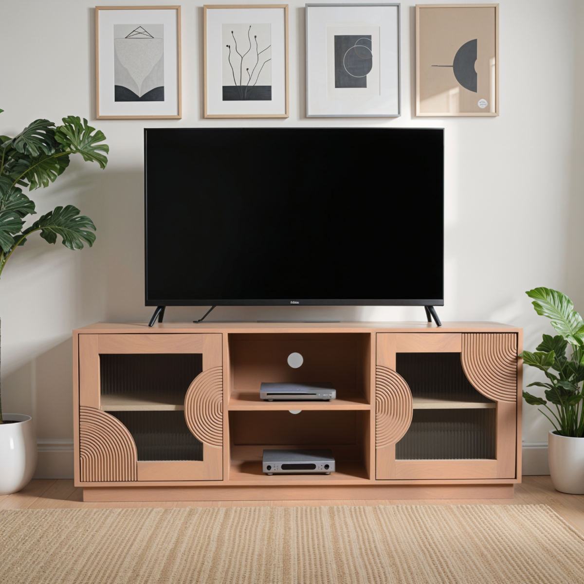 Wood TV stand with open shelving, ribbed glass cabinet doors, and a cable-ready center