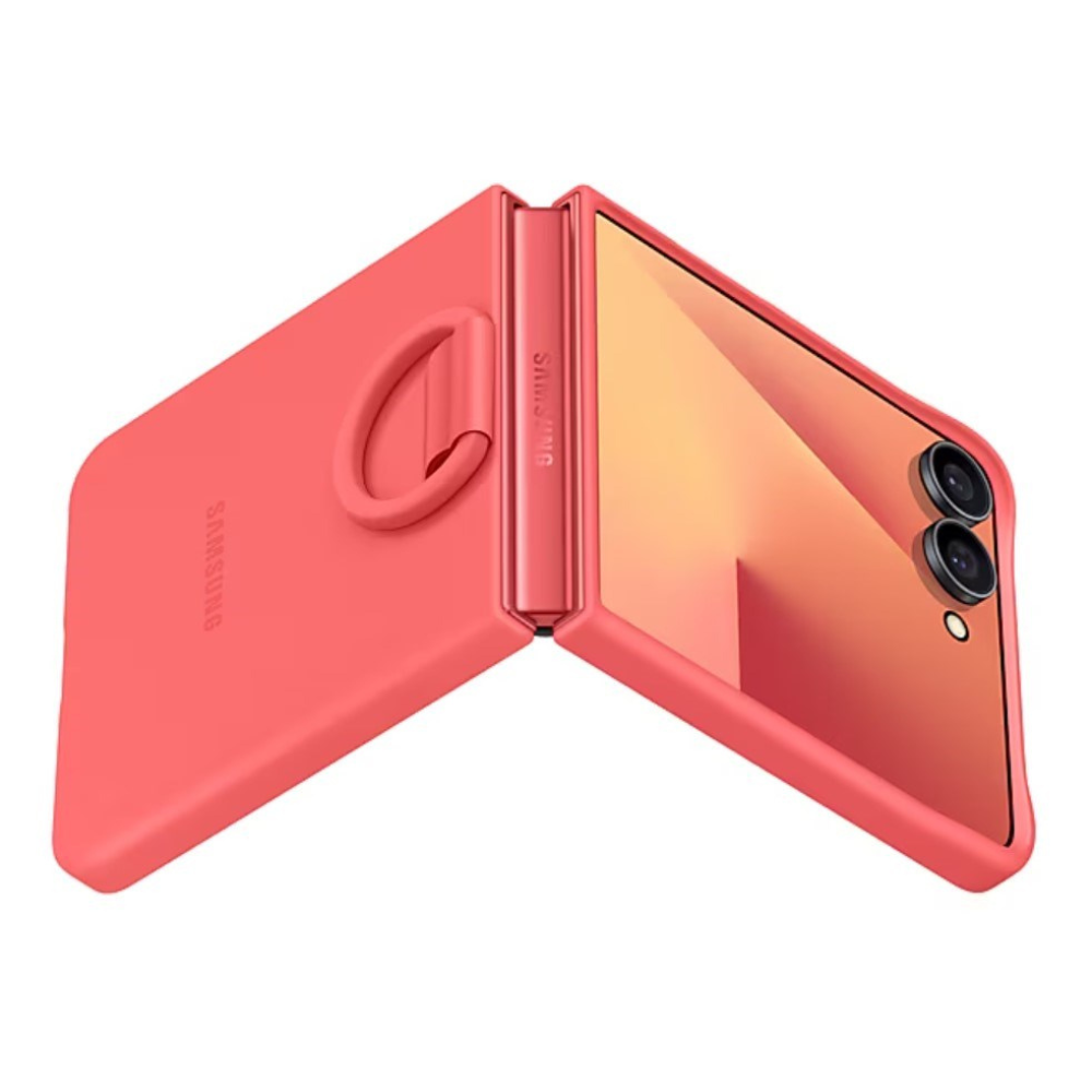Coral/red silicone case with ring for Galaxy Z Flip7, side hinge view