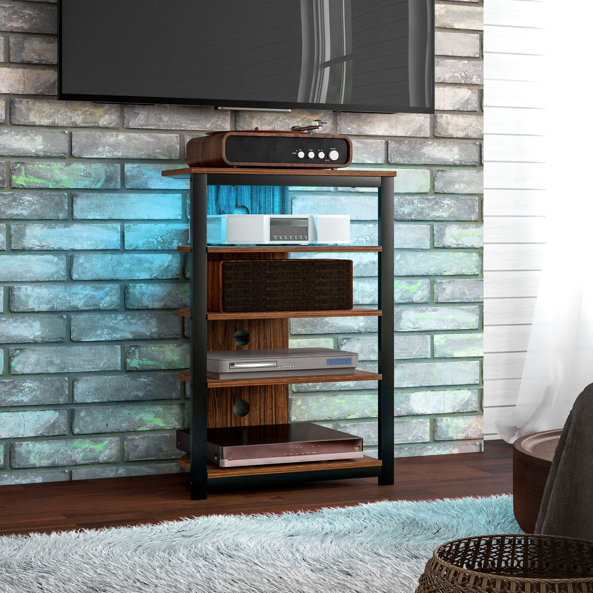 Wood and black TV stand with 4 open shelves and built-in RGB LED light panel.