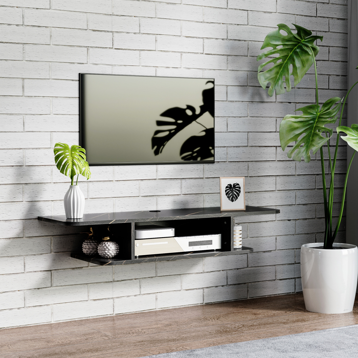 Black wall-mounted TV stand with central open media shelf and side storage compartments