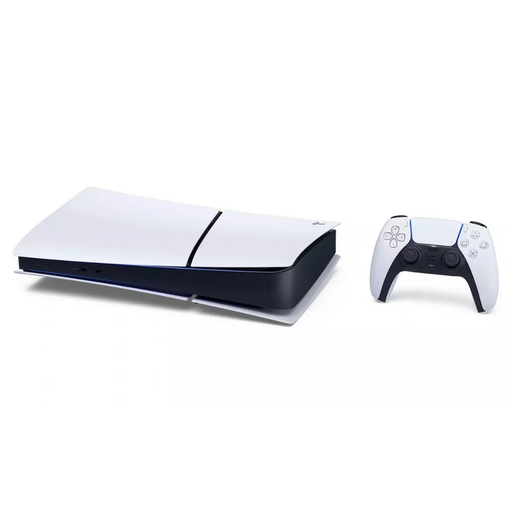 White PlayStation 5 console with controller, angled view showing front ports