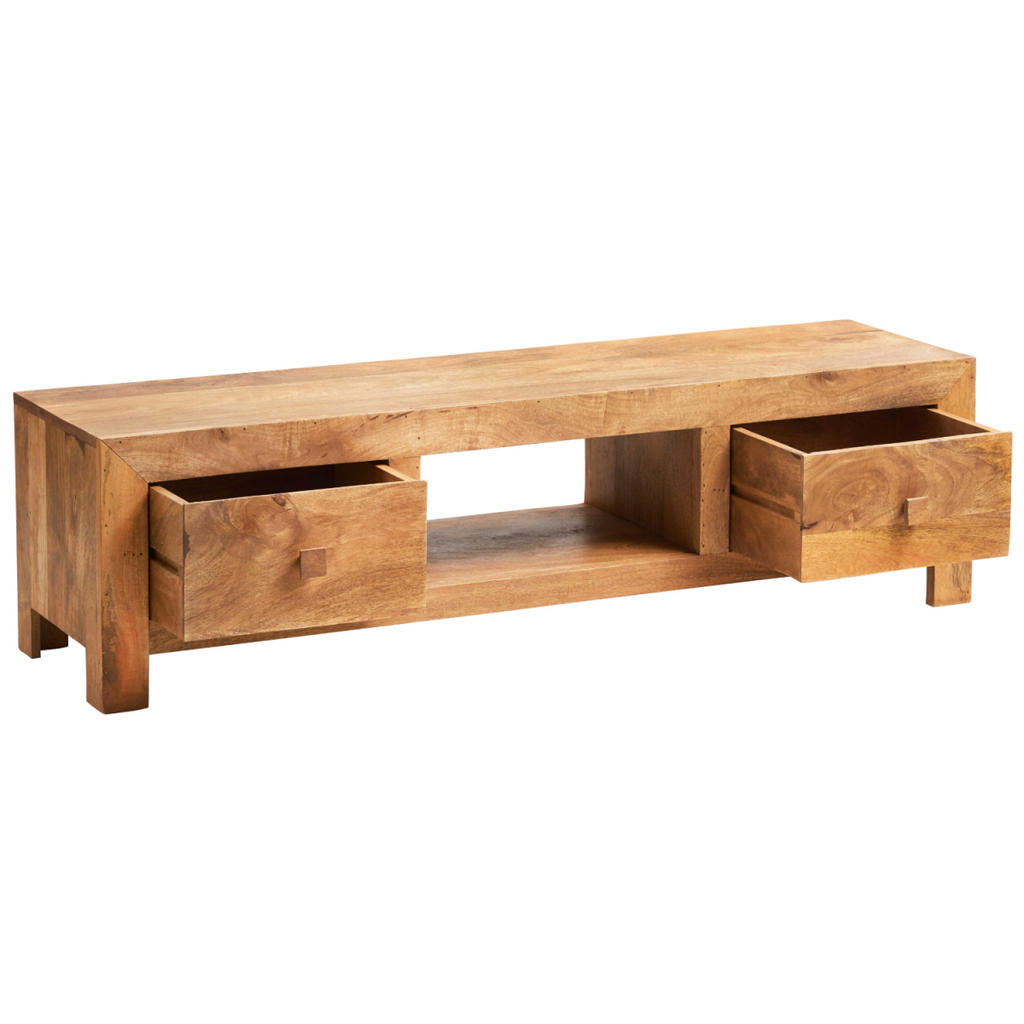 Light mango wood TV unit with open middle bay and two pull-out drawers, angled view