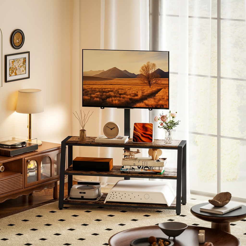 TV stand with open shelves and swivel mount, rustic top for media and decor
