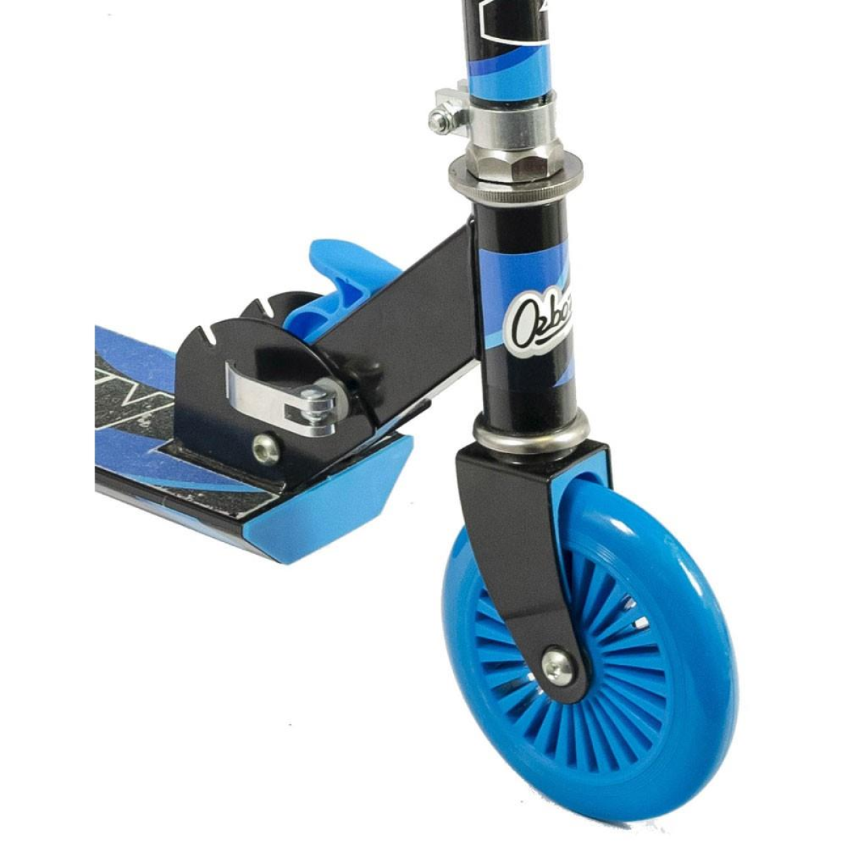 Blue and black kick scooter front wheel and adjustable handlebar clamp detail