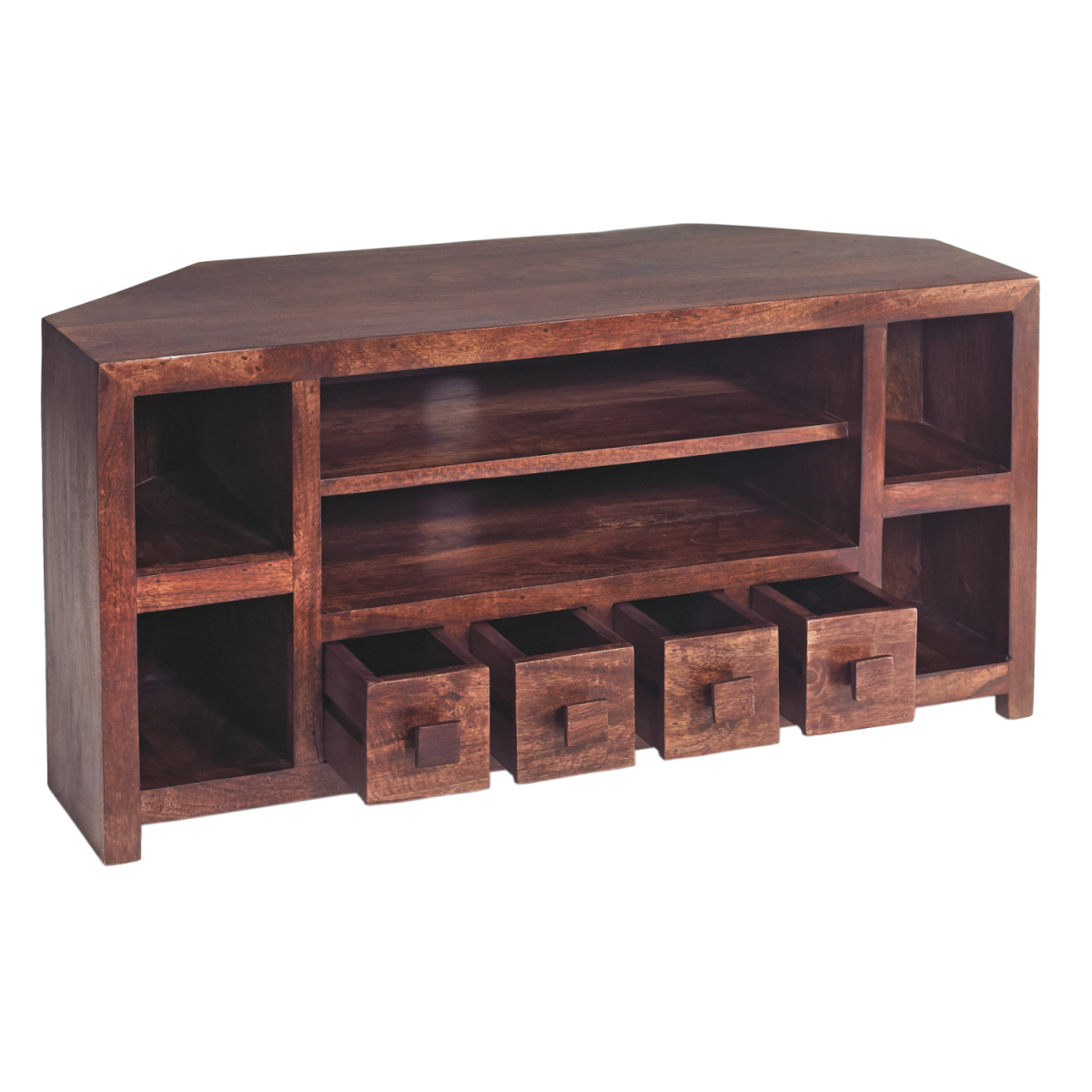Corner TV unit in dark mango wood with open center, side compartments, and four front drawers