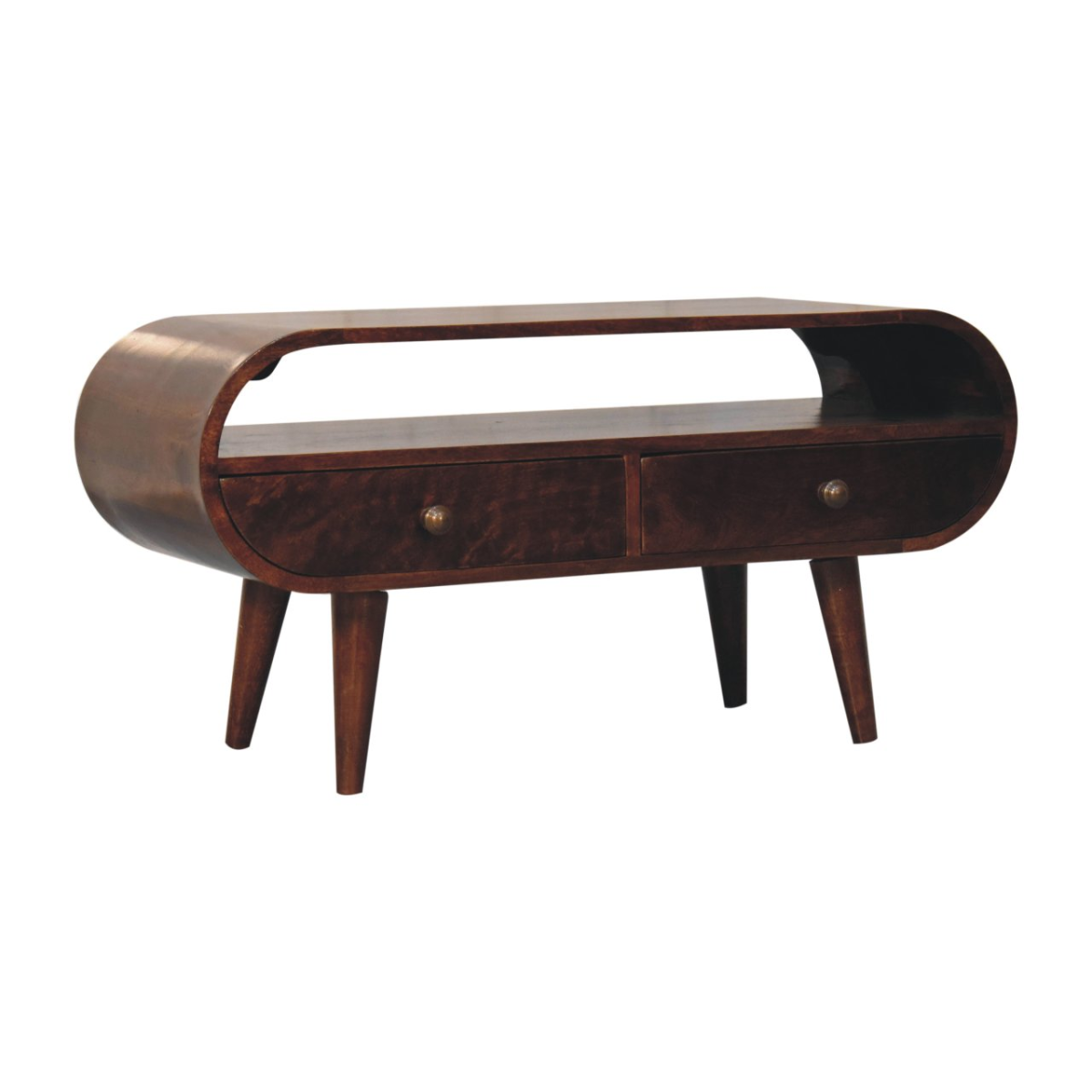 Walnut TV stand with two drawers and open shelf, rounded end panels and tapered legs