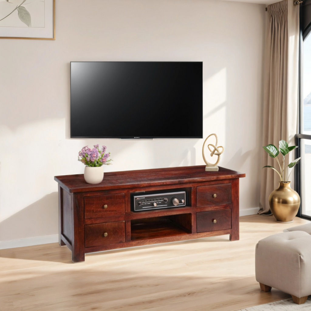 Dark mango wood TV cabinet with open center shelf and two drawers, brass knobs.