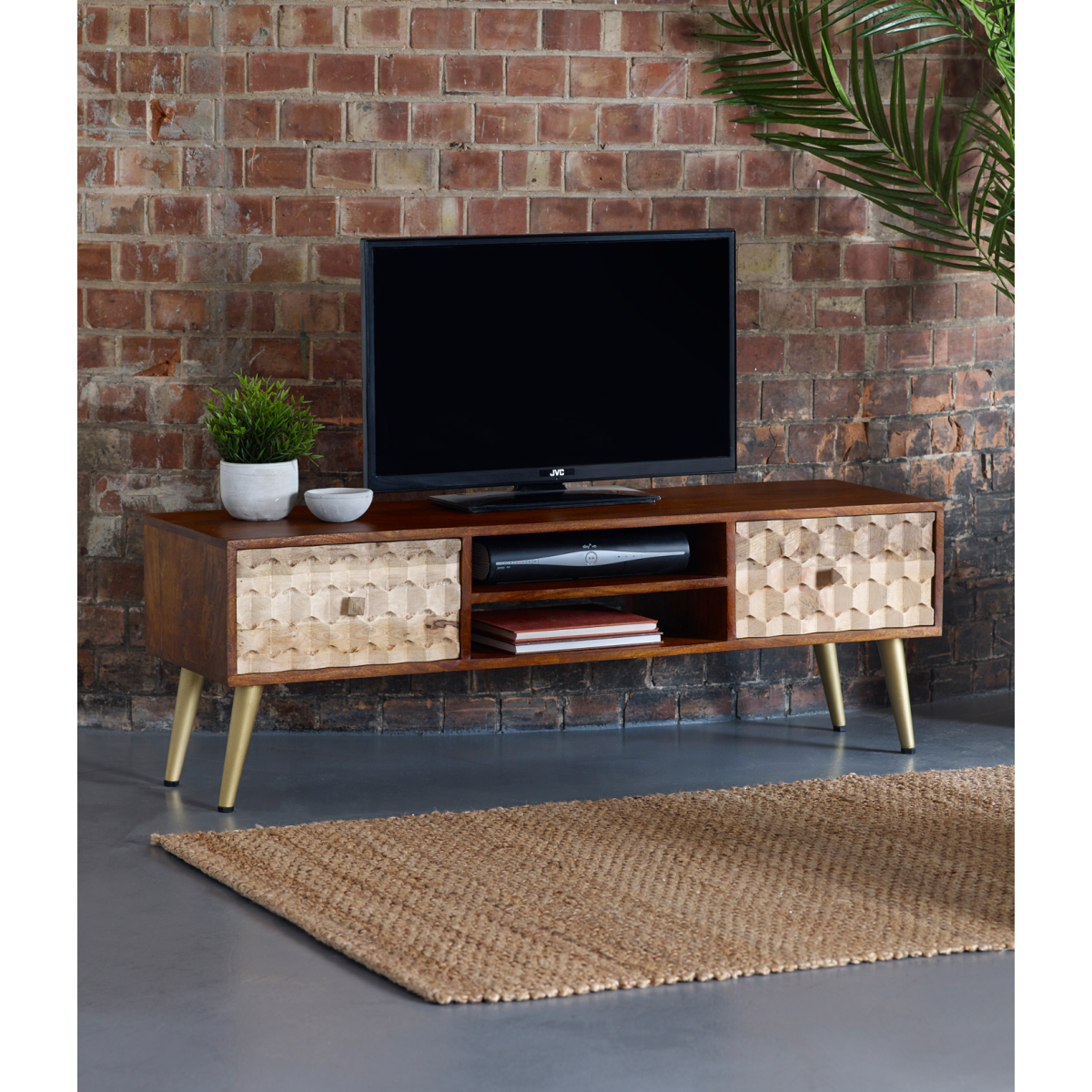 Wood TV stand with two patterned drawer fronts and open center shelf for media