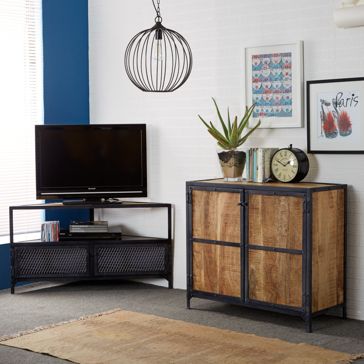 Corner TV unit with black open shelves and two mesh doors, plus matching side cabinet