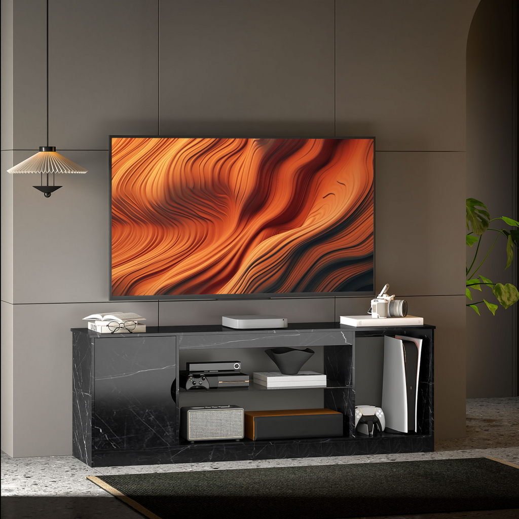 Black marble-effect TV stand with open center shelf and glass top for devices.