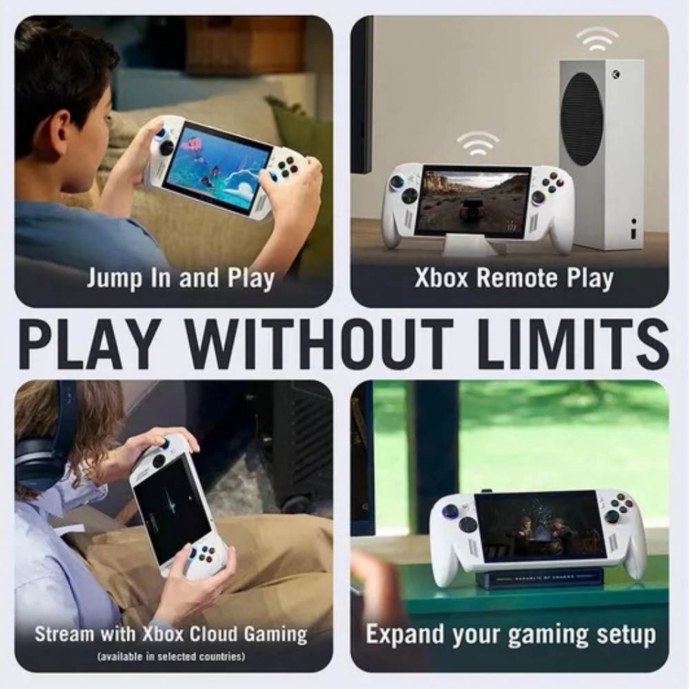 White handheld gaming console shown in multiple play setups