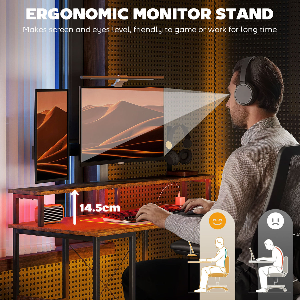 Rustic brown computer desk with ergonomic monitor stand and over-ear headset on chair
