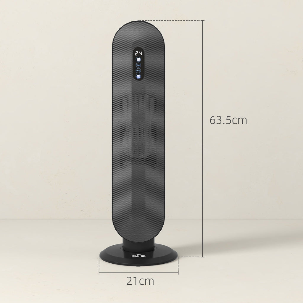Black oscillating ceramic space heater with LED panel; 63.5 cm tall, 21 cm wide