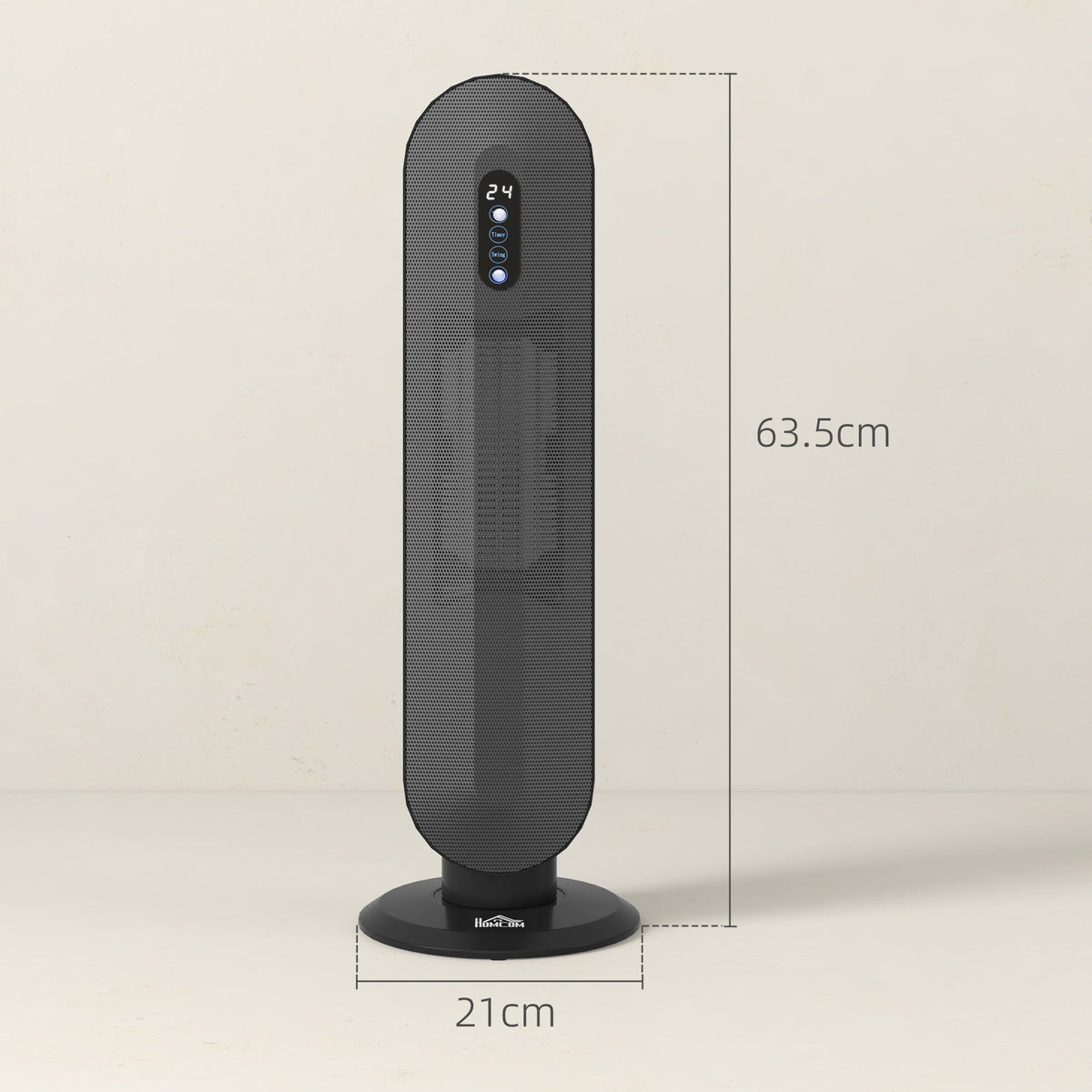 Black oscillating ceramic space heater with LED panel; 63.5 cm tall, 21 cm wide
