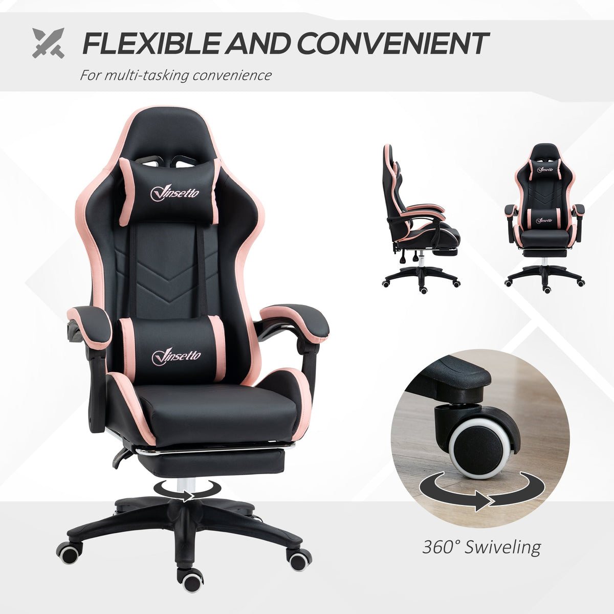 Swivel gaming chair in black with pink accents, thick padded seat, and adjustable height gas lift