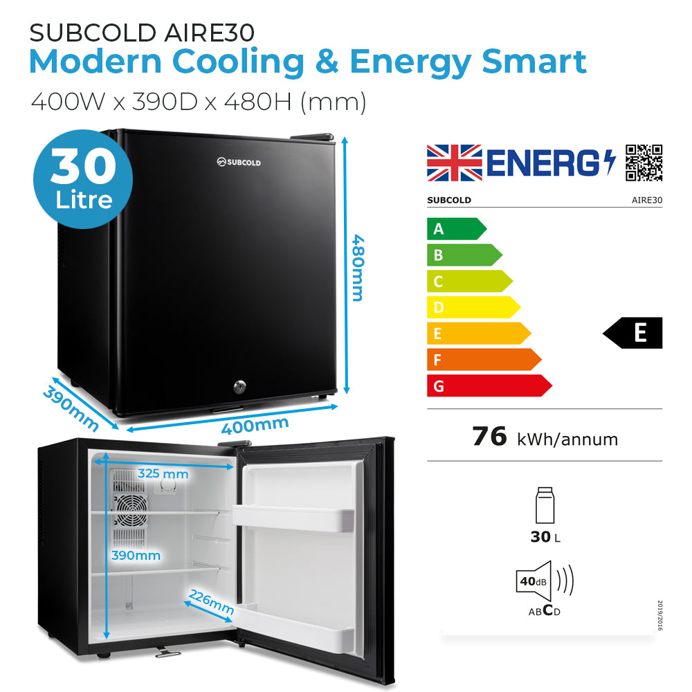 Black Subcold Aire30 mini fridge showing dimensions and internal layout diagram