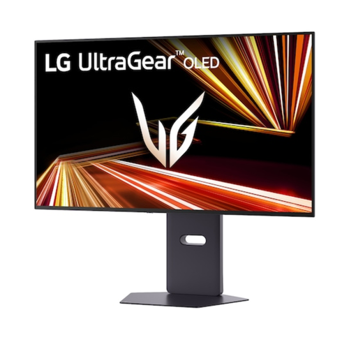 LG UltraGear OLED gaming monitor, angled screen with slim black stand