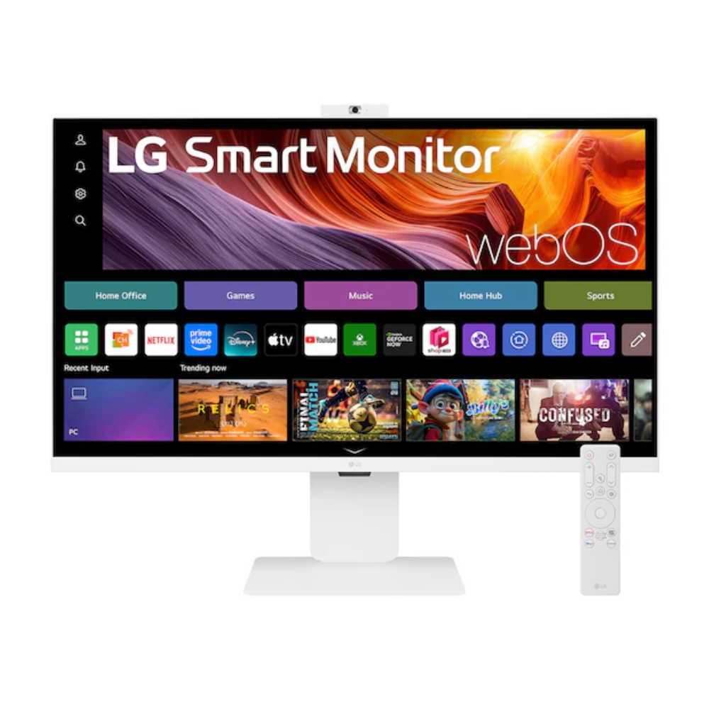 LG Smart Monitor 32-inch 4K IPS screen with white stand and remote control