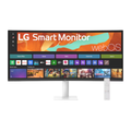 Black LG Smart Monitor with curved WQHD screen and silver stand, with remote