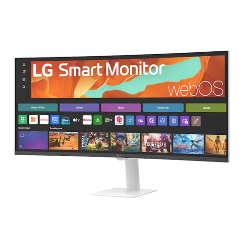 Black LG Smart Monitor with curved WQHD screen and silver stand, front view