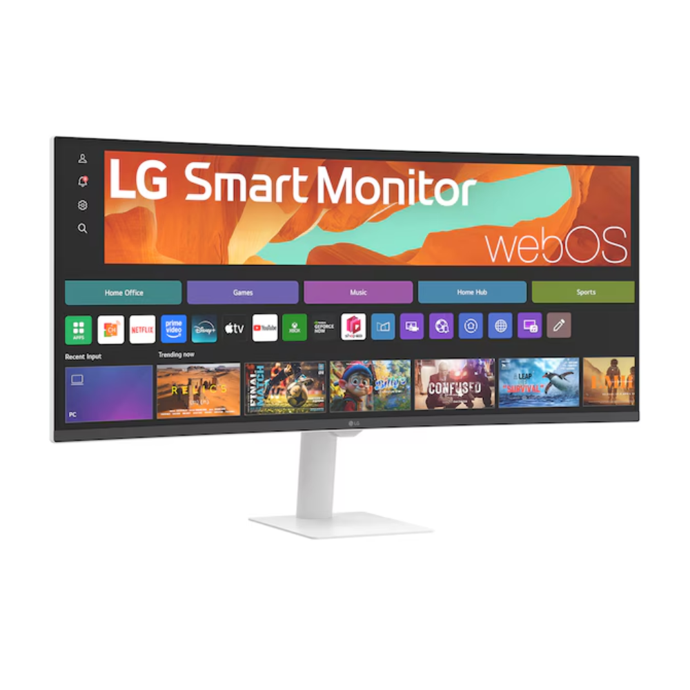 Black LG Smart Monitor with curved WQHD screen and silver stand, angled view