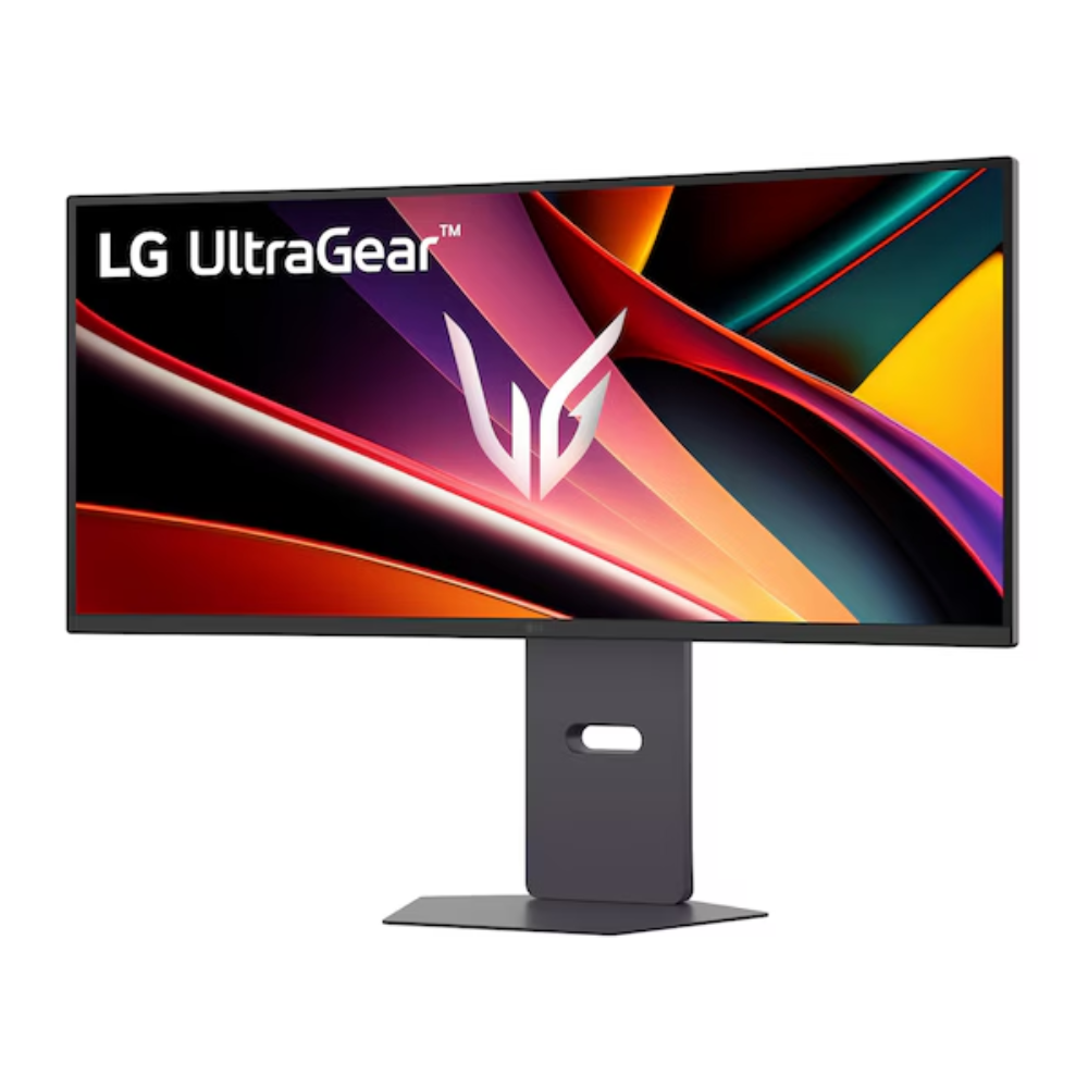 LG UltraGear curved gaming monitor on central pedestal stand, slim dark bezel