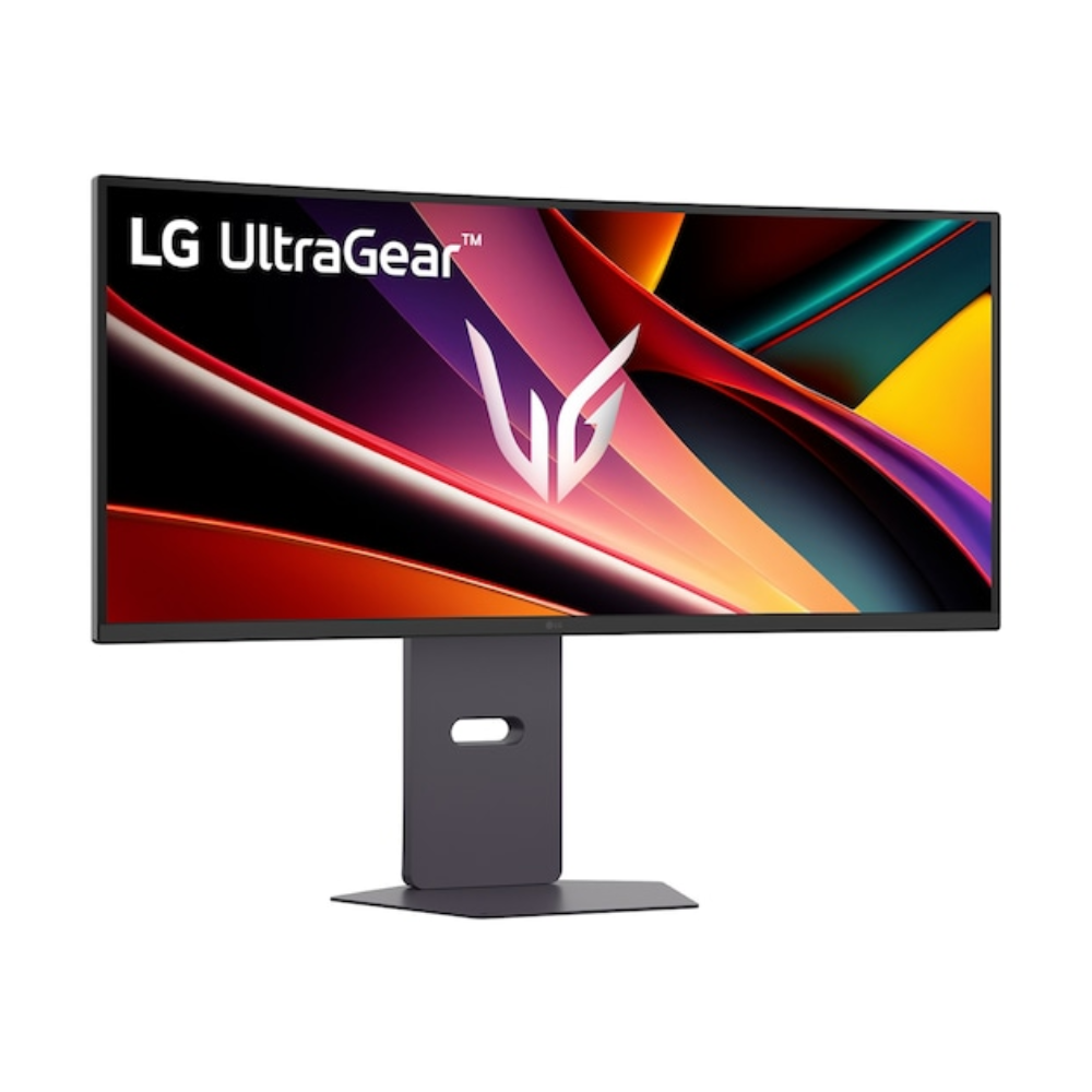 Curved LG UltraGear gaming monitor with wide base pedestal stand, dark bezel