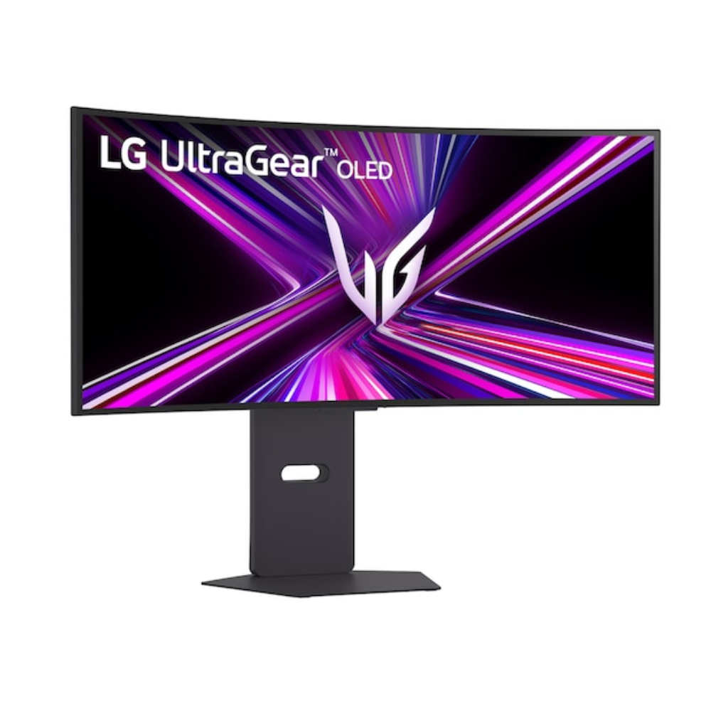 Curved OLED gaming monitor, black bezel, vivid purple and pink wallpaper