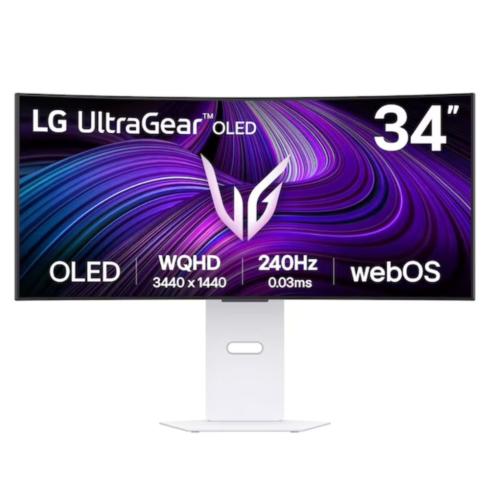 LG UltraGear OLED 34-inch gaming monitor with white stand, purple-blue display