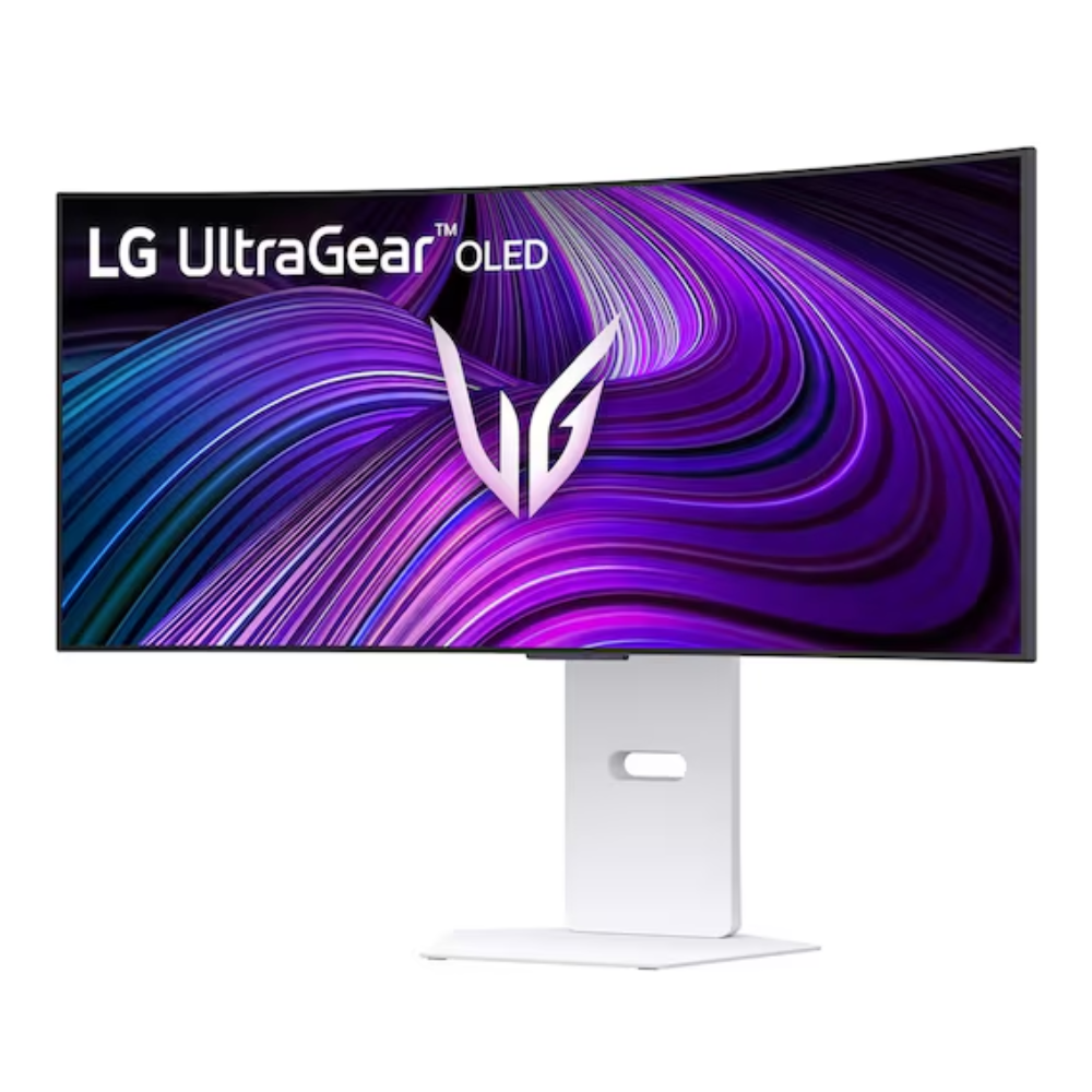 LG UltraGear OLED 34-inch monitor on white stand, wide curved-style purple screen